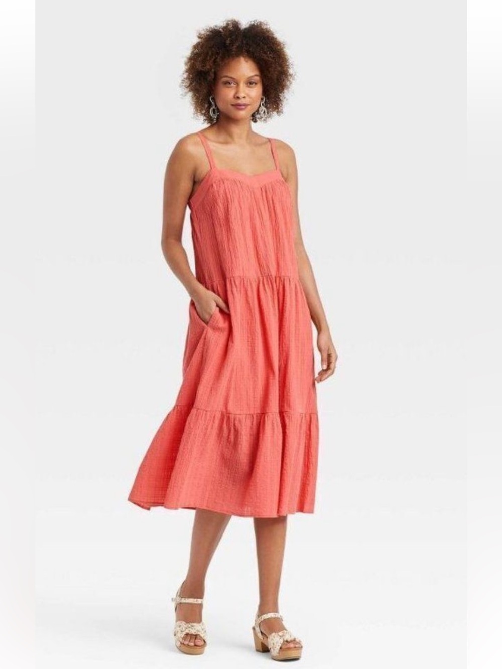 Knox Rose Coral Red Spaghetti-Strap cotton Midi Dress pockets lined size M